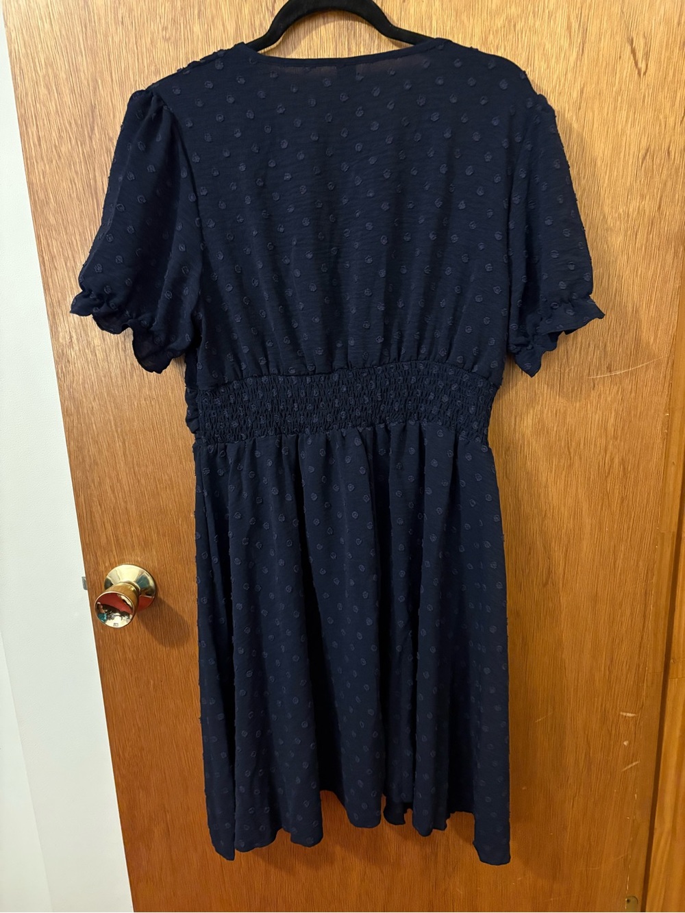 Navy Blue V-Neck Swiss Dot Puff Sleeve Mini Dress NWOT - Picture 6 of 9